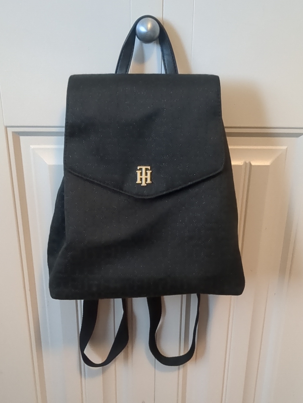 Tommy Hilfiger Black Canvas Backpack with Gold TH Logo